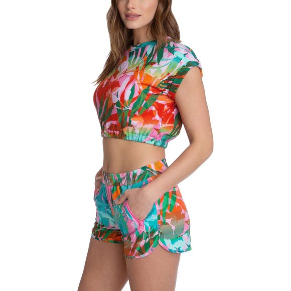 NEW! JUICY COUTURE Tropical Palm Print French Terry Roll Cuff Crop Top, Size M - Picture 3 of 11